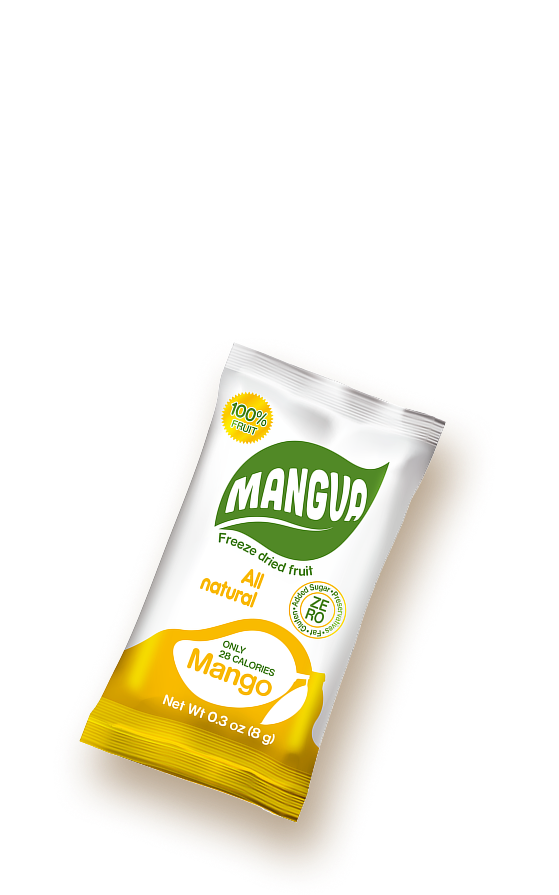 Single pack of MANGUA freeze-dried mango snack with minimalist leaf design on a clean background.